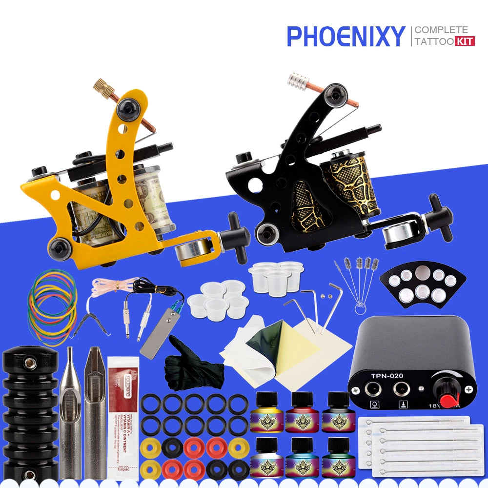 Complete Tattoo Kit Two Machine Gun Set 6 Colors Inks Black Power