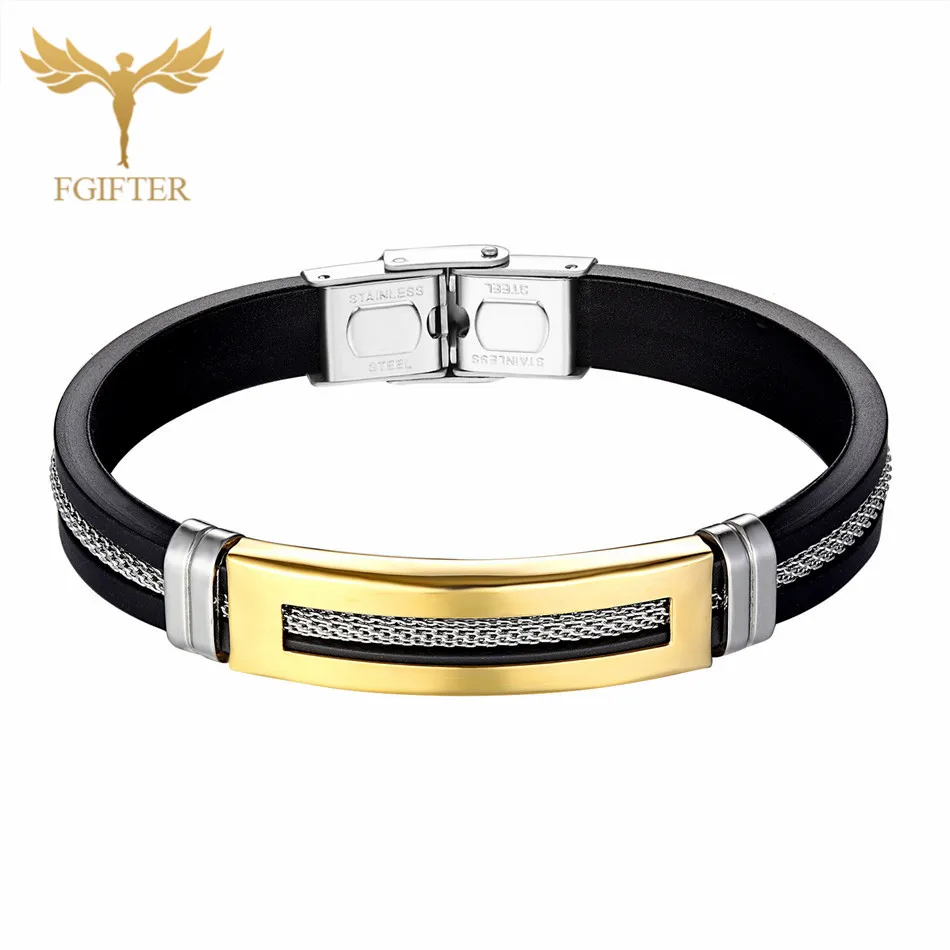 

Mens Gold Stainless Steel Silicone Bracelets Bangles with Chain Double Safe Clasp Black Rubber Belt Bracelet Men Jewelry