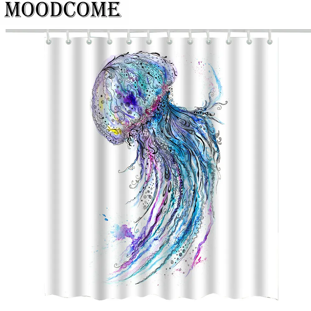 

Jellyfish Shower Curtain Maritime Nautical Bathroom Decor Aqua Watercolor Ilustration Bathroom Curtain Blue Purple White Fabric