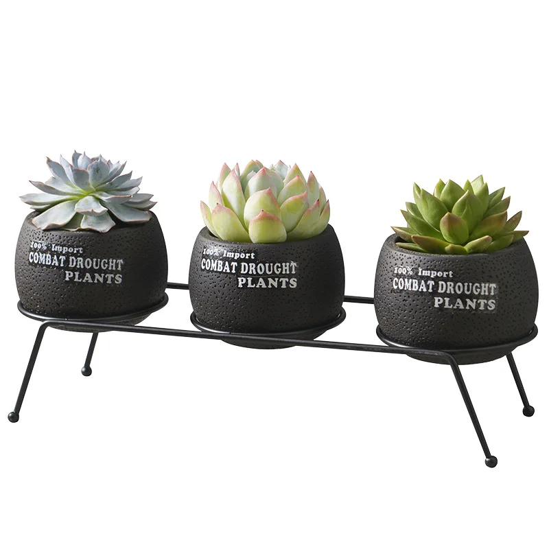 European Succulent Plant Cement Flower Pot Green Planter Flowerpot Home Garden Bonsai Pots With Iron Shelf 3 Pots Black Color European Succulent Plant Cement Flower Pot Green Planter Flowerpot Home Garden Bonsai Pots With Iron Shelf 3 Pots Black Color