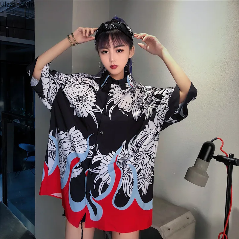 

Gothic Punk Hip Hop Harajuku Vintage Fire Print Graphic Loose Oversized Blouse Korean Streetwear Harajuku Shirt Top Summer Blusa