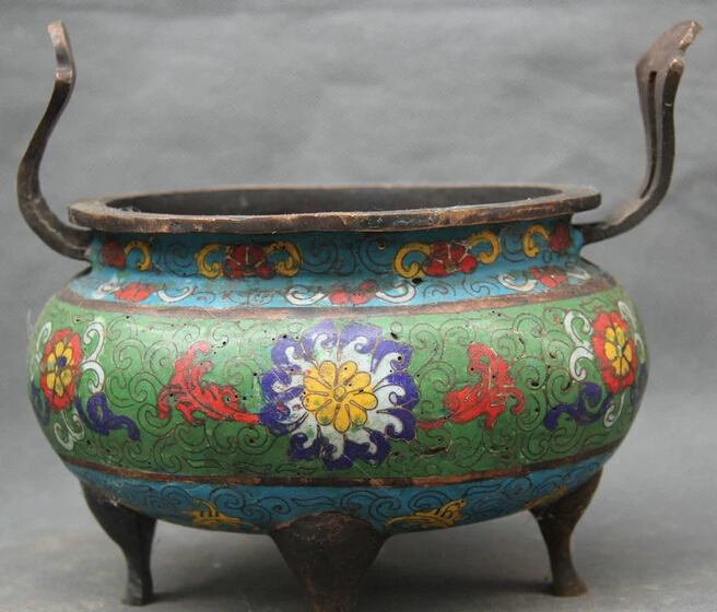 

8" Old China Cloisonne Enamel Bronze 3 Leg Flowers Handle Incense Burner Censer S0705