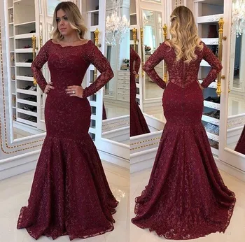 

Modest Burgundy Mermaid Lace Evening Gowns with Appliques Beading Buttons Back Sweep Train Long Sleeves Plus Size Prom Gowns