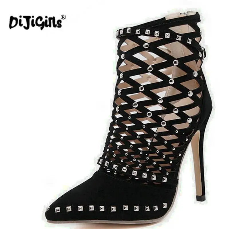 

New Arrival Roman Sandals European Cut outs Gladiator Rivet High Heels Sexy Genova Stiletto Ankle Cool boots Ladies Party Shoes