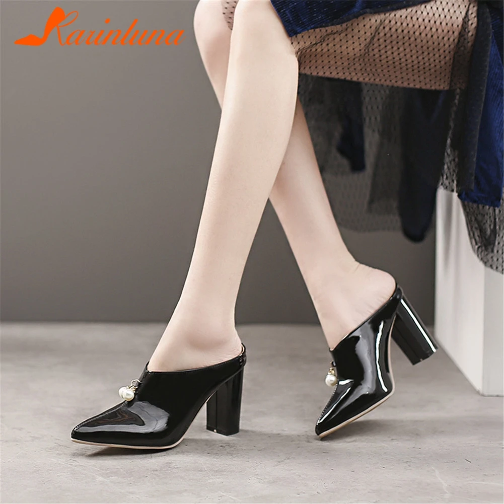 

KARINLUNA Plus Size 30-48 New Mules Patent Pu Leather Pointed Toe Pearl Shoes Woman Casual Party Office Spring Summer Pumps