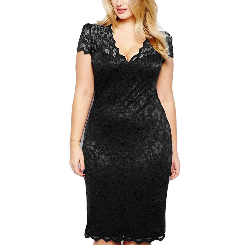 

2018 New Fashion Women Summer Sexy Lace Short Sleeve V Neck Solid Color Evening Party Pencil Dress