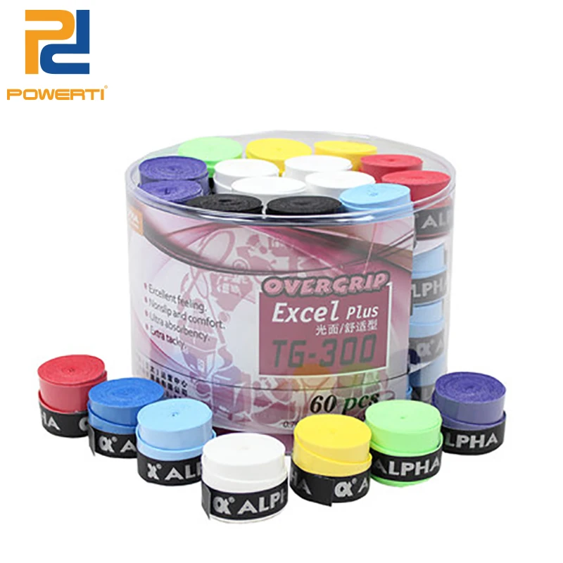 

POWERTI 60pcs/lot Tennis Racket Grip Soft Viscosity Overgrip 0.70*25*1050 Film Sweat for Sport Tennis/Badminton Racket TG300