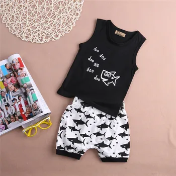 

2pcs Baby Boy Outfit Set Summer 2017 Cute Newborn Baby Sets Shark Newborn Sleeveless T-shirt Tops Shorts Summer Outfits Clothes