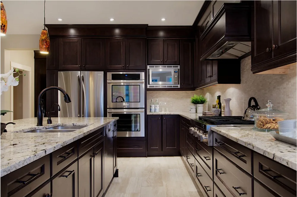 Gabinetes de cocina de madera maciza de estilo tradicional, muebles de