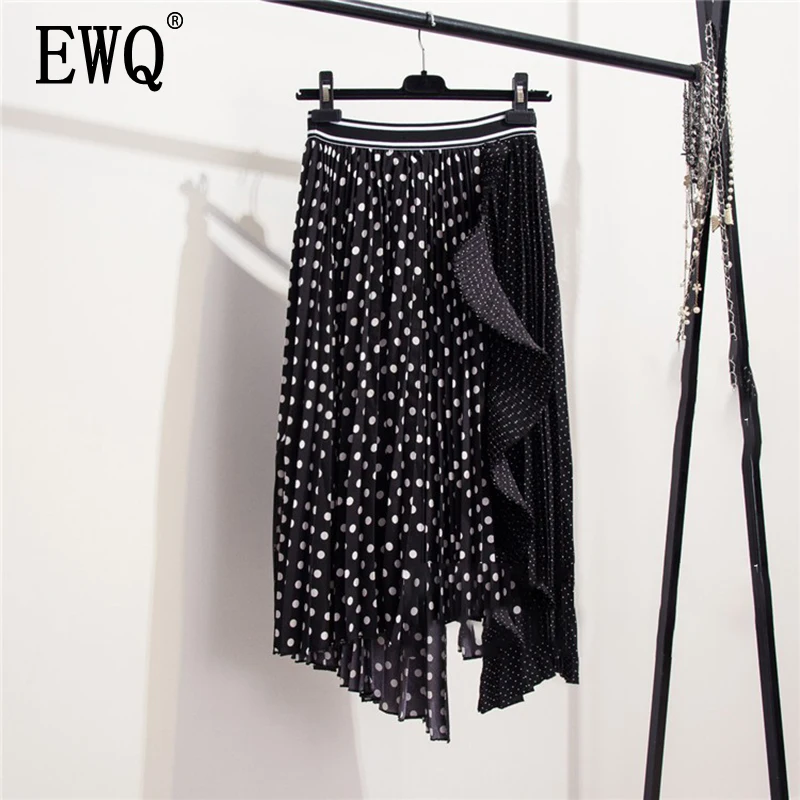

[EWQ] 2019 New Autumn Casual Dot Asymmetrical Hem Ruffles Empire Waist Spliced Mid-calf Skirt Fashion Tide Women OB522