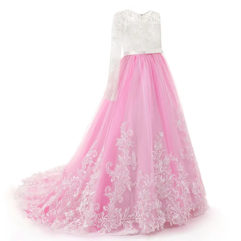 

Pink Lace Appliques Flower Girl Dresses Kids Evening Gowns Long Sleeve First Communion Dress Actual Picture