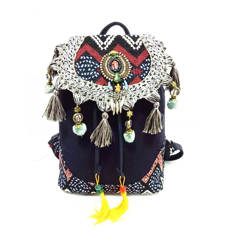  backpack for women Bohemian style hippie Boho vintage ladies canvas tassel shoulder bag Cotton Fabr - 32852174963