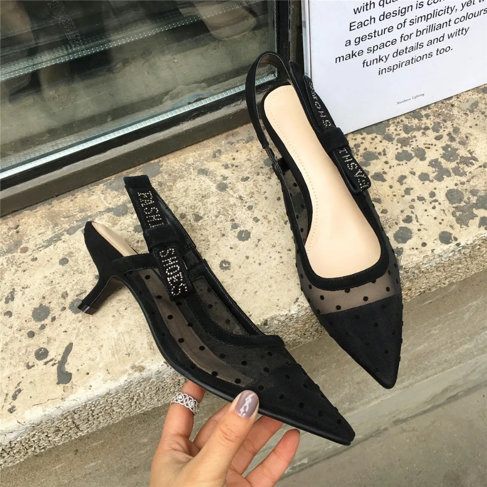 

women's Polka Dot Mesh genuine suede leather bordered slip-on high heel sandals pointed toe bowtie ladies elegant summer shoes