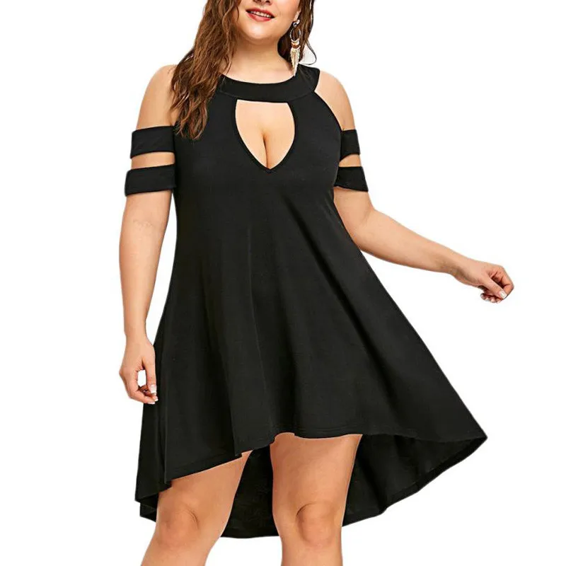 Solid Plus Size Sexy Sundress Vestido Fashion O Neck Cold Shoulder 