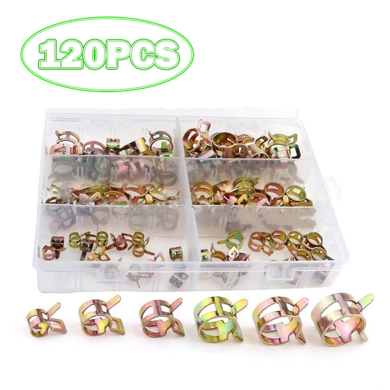 

120pcs 7/10/11/14/16/17mm Spring Band Type Vacuum Hose Clamp Water Hose Clip Iron Galvanized Tube Pipe Clamps