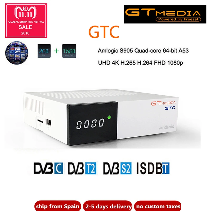 

GT MEDIA GTC decoder DVB-S2 DVB-C DVB-T2 ISDB-T Amlogic S905D android 6.0 TV BOX 2GB 16GB BT4.0 Satellite Receiver Set TV Box