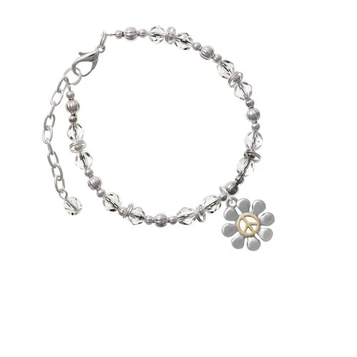 Two-tone Large Daisy with Peace Sign Clear Beaded Bracelet