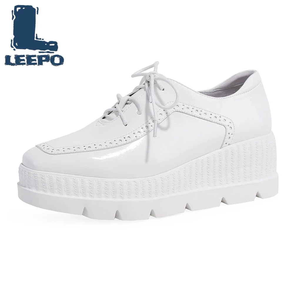 

LEEPO 2019 Fashion Casual Luxury Microfiber Women Shoes Lace Up Flat Platform Woman Square Toe Wedges Ladies Comfort Shoes 34-39