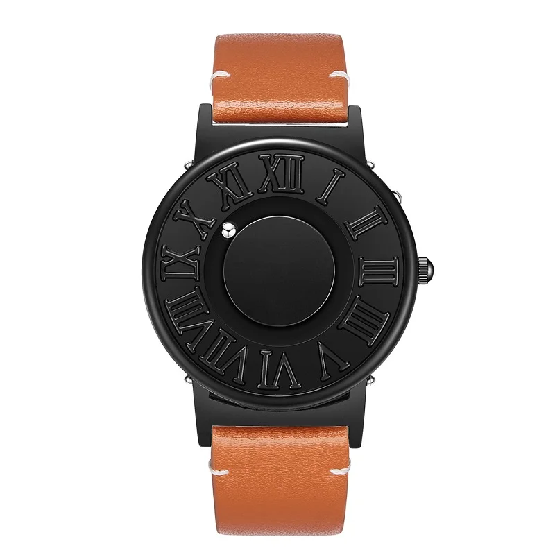 EUTOUR часы мужские холст кожаный ремешок мужские часы магнитный шар показать кварцевые часы модные мужские часы наручные часы - Цвет: Brown Leather Strap