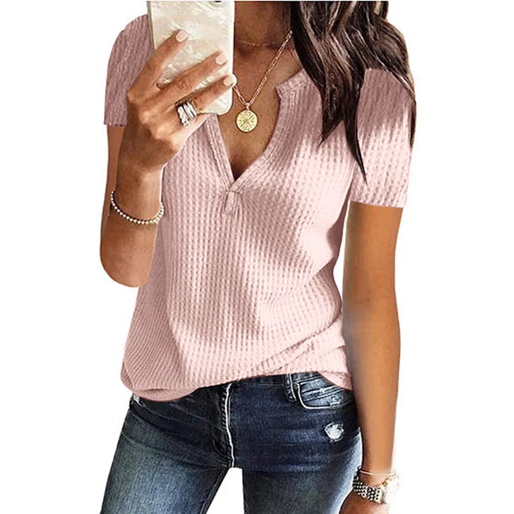 

Women's T Shirt Casual Solid Short Sleeve Split V-Neck Waffle Knit Pullover Top camisetas verano mujer 2019 tee shirt femme NEW