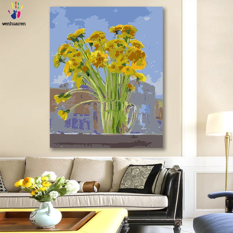 

DIY colorings pictures by numbers with colors Yellow flower arrangement watercolor picture drawing painting by numbers framed
