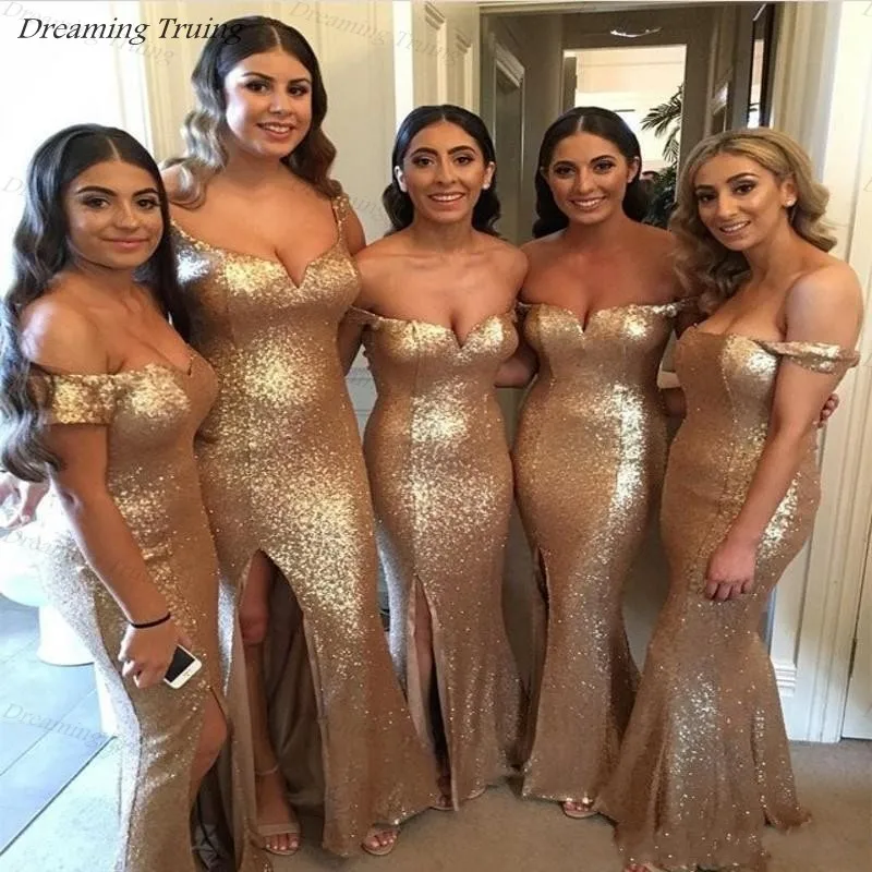 

Rose Gold Mermaid Plus Size Bridesmaid Dresses Long Shiny Sequined Women Split Wedding Party Gown Robe Demoiselle D'honneur