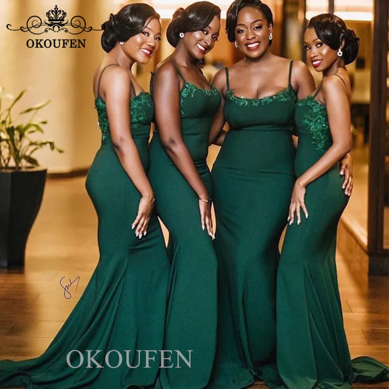 

Sexy Spaghetti Strap Green Bridesmaid Dresses For Women 2019 Appliques Mermaid Long Maid of Honor Dress For Wedding Party