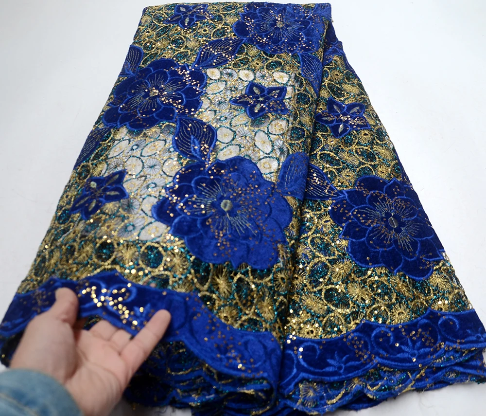 

2019 Latest French Net Lace Fabric Latest african guipure lace fabric Plus Velvet embroidery mesh Royal Blue color