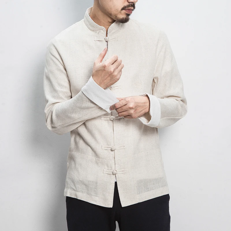 

MR-DONOO Chinese Style Men Long Sleeve Casual Embroidery Shirt Cotton Linen Mandarin Collar Shirt Chinese Frog Tang Suit A032C01