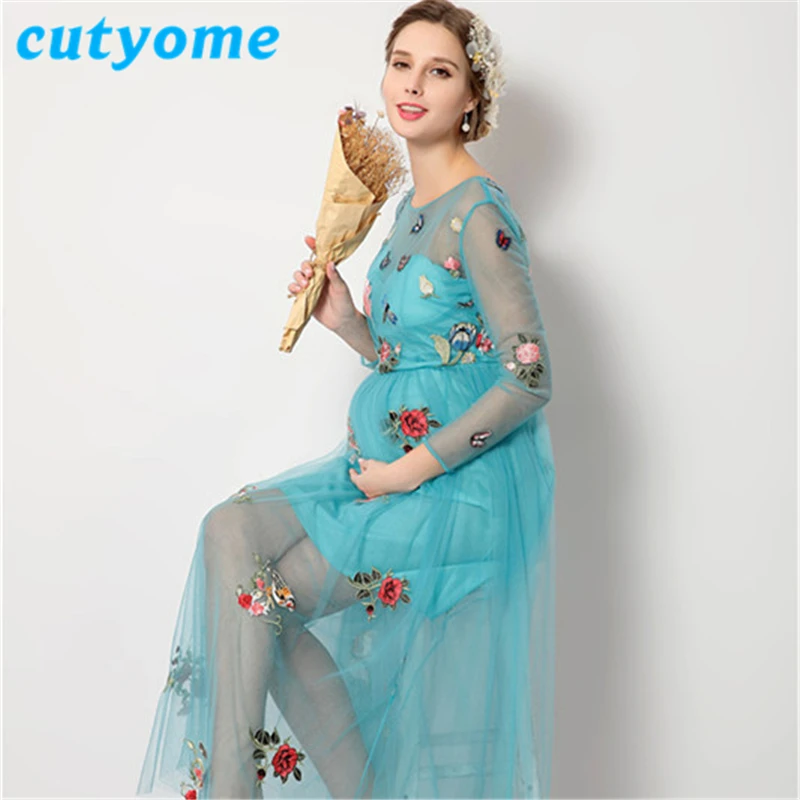 

Cutyome Sexy Maternity See Through Dresses Vintage Blue Flowers Lace Photography Props Pregnant Women Clothing for Photo Shoots