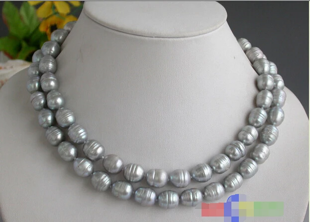 

LUSTER 32" 13mm rice gray Freshwater cultured pearl necklace ^^^@^Noble style Natural Fine jewe SHIPPING (C0309)
