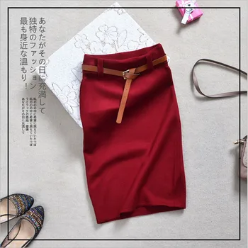 

Skirts Women With Belt Slim Skinny Black Skirts Female Knit Knee Length Skirts Faldas Largas Solid Color Pencil Skirt Ws976