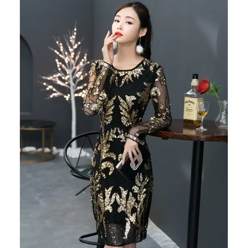 Vestido De Manga Larga Con Lentejuelas Brillantes De Color Negro Dorado Para Mujer Vestidos Sexis Ropa De Baile Para Discoteca Traje De Fiesta De Cumpleanos Para Mujer Vestido De Cantante Aliexpress