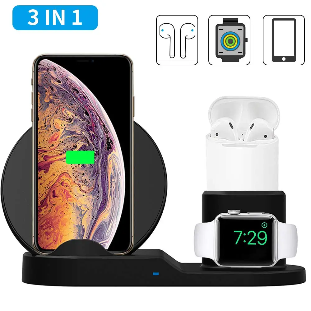 

3 in 1 Fast Wireless Charging Station Stand Dock Pad for Apple Watch/Airpods/iPhone Xs/XR/X/Max/8 For Samsung Galaxy S10/S9/S8