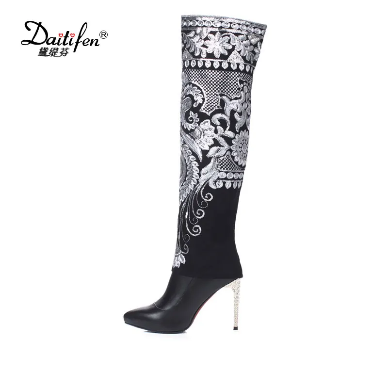 Daitifen Winter Black Flowers Embroidery Zipper Genuine Leather High Boots Pointed Toe High Heel Women Shoes Over The Knee Daitifen Winter Black Flowers Embroidery Zipper Genuine Leather High Boots Pointed Toe High Heel Women Shoes Over The Knee