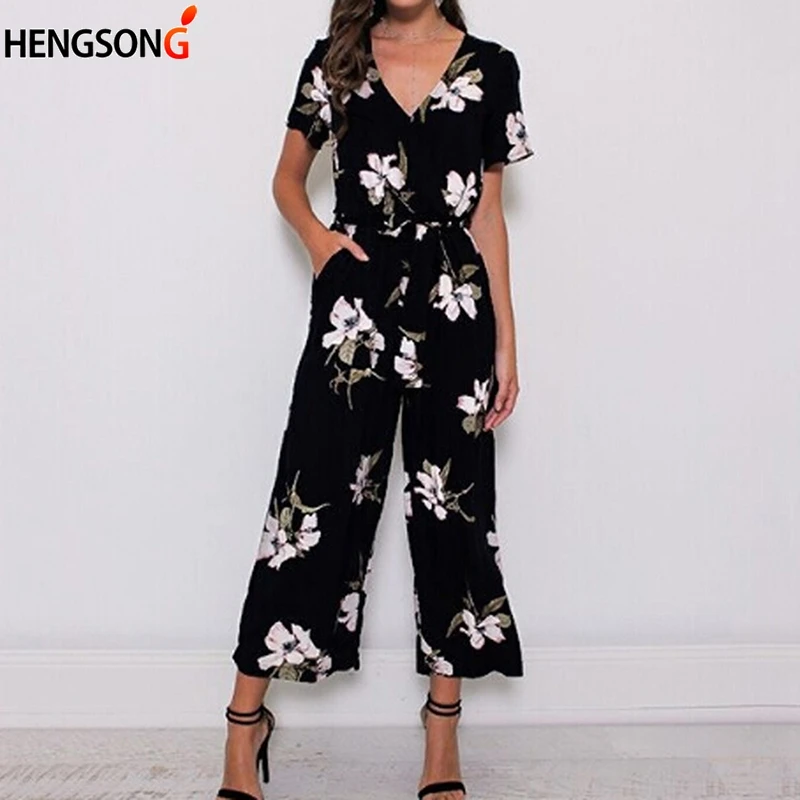 Fashion Women Romper New Summer Jumpsuit Plus Size Loose Casual Beach Wear Printed Pocket Sashes Jumpsuit Overalls Office Lady