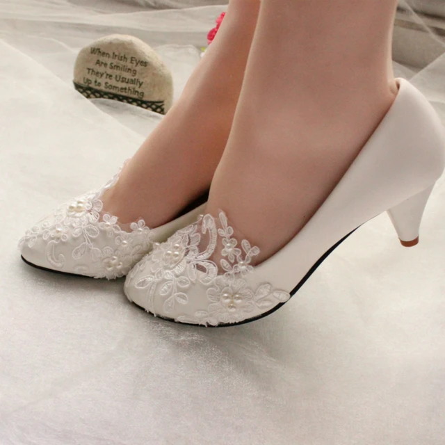 High Heel Lace Beaded Wedding Shoes with Removable Bow