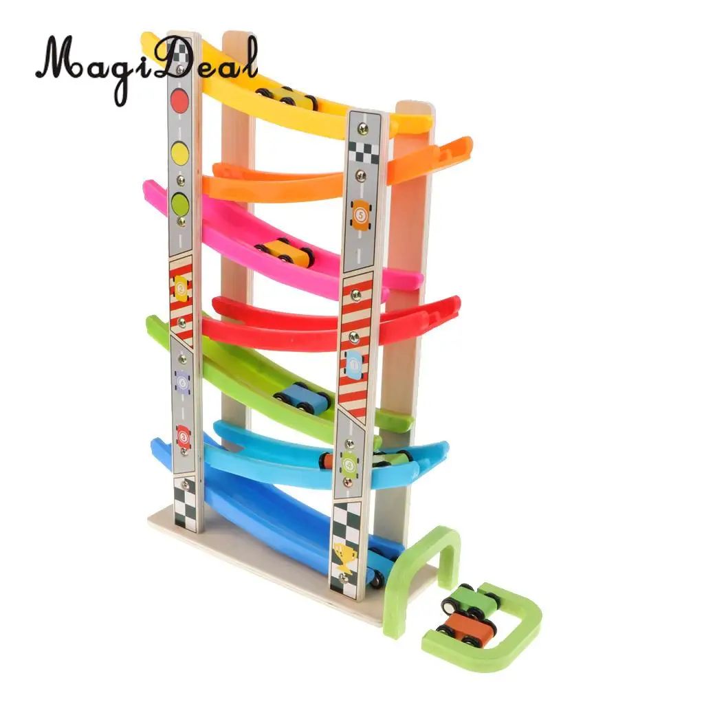 Colorful Wooden Ramp Race Track & 8 mini Inertia Car Playset - Toddlers Baby Toys Developmental Preschool Games