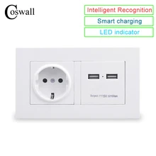 COSWALL 146 розетка настенного типа 16A ЕС Стандартный Мощность розетки с зарядное устройство для автомобиля с двумя портами USB Зарядное устройство Порты и разъёмы для мобильных устройств 5V 2100mA Выход ПК Панель