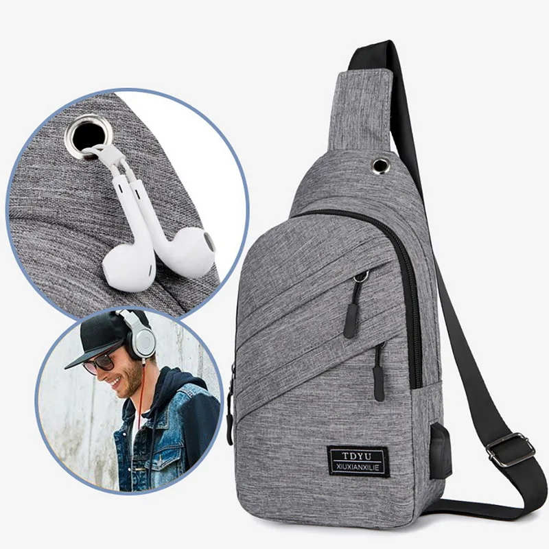 Men's Fashion New Crossbody Outdoor Travel Shoulder Bags Waterproof Chest Bags with Headphone Hole and USB Charging Port