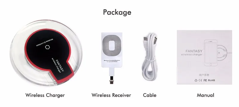 100% NEW Universal Qi Mobile Wireless Charger with Receiver Pad Coil with USB Charging Cable for apple iPhone 6 6S 6plus 5 5S 5C (05)