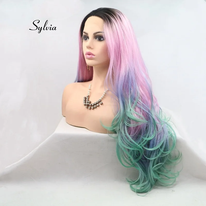 Sylvia/розовый и зеленый длинные волнистые волосы синтетические кружевные передние