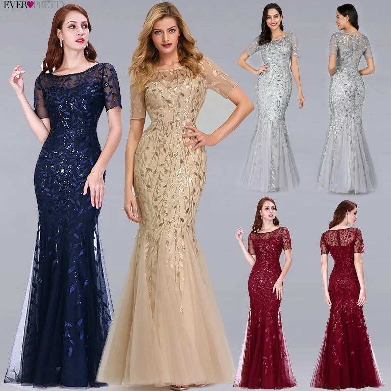 Ceny Formalne suknie wieczorowe 2019 kiedykolwiek śliczna, nowa syrenka O Neck z krótkim rękawem koronkowe aplikacje tiul długie suknie na imprezę szata Soiree Sexy