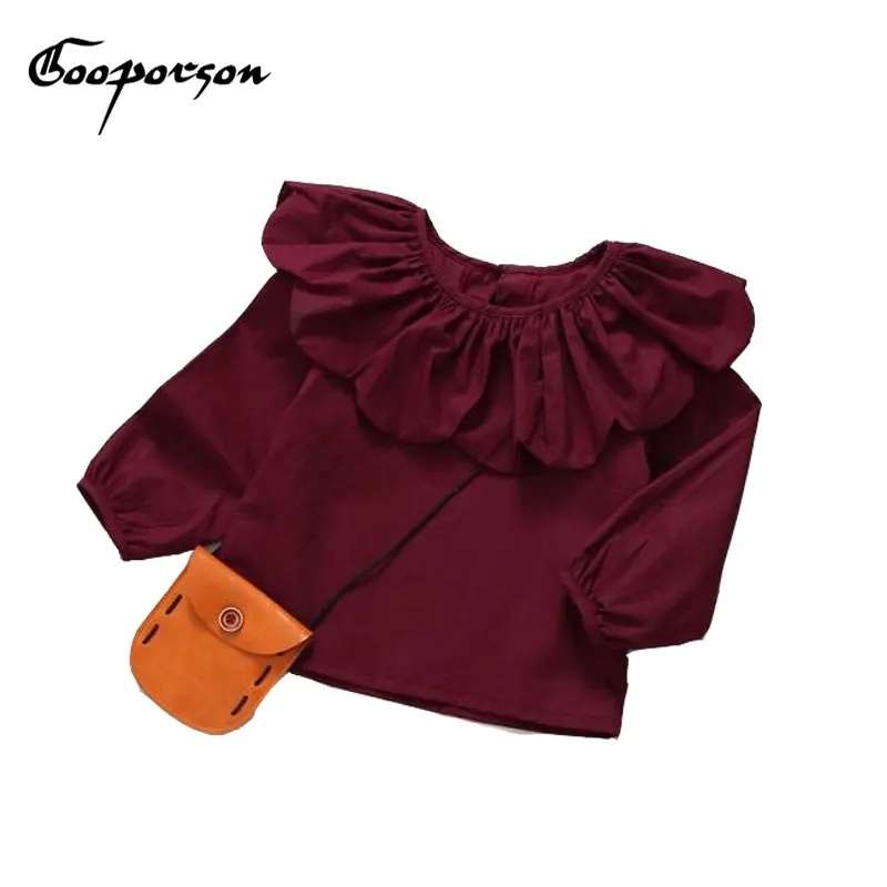 

Girls Shirts Flower Collar Baby Girl's Outfits Wine Red Girls Kids Tops Infant Solid Clothing Toddler Children Spring Clothes