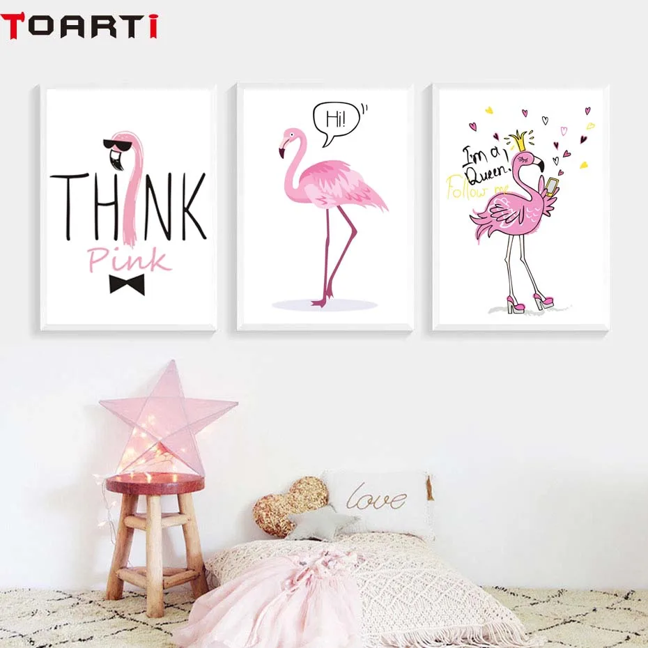 Pink Princess Flamigo Swan Cartoon Wall Art Poster Modern Canvas Painting For Nursery Kids Girl Bedroom Home Decor Wall Picture (2)