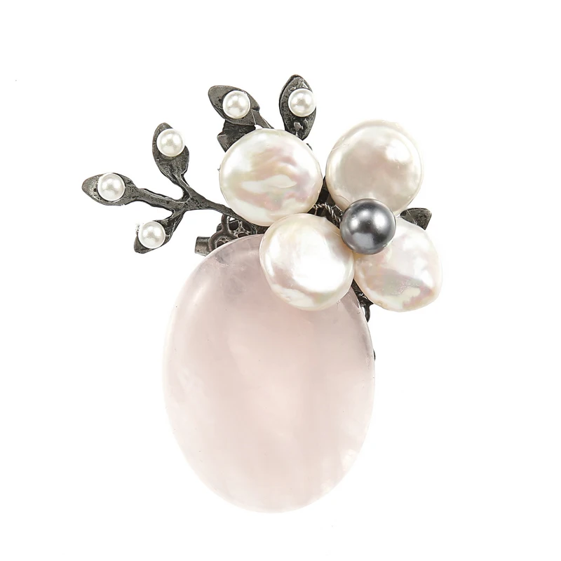 TDQUEEN Brooches Antique Silver Plated Natural Stone Broches Zinc Alloy Vintage Pin Jewelry Baroque Pearl Flower Brooch 1