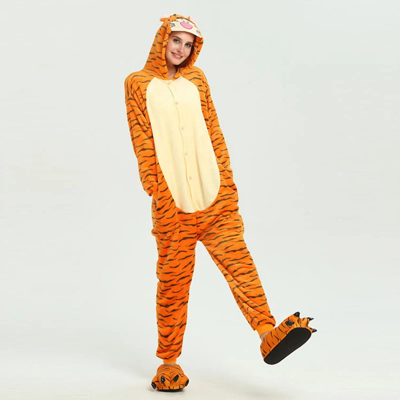 Funny Orange Tiger Animal Kigurumi Flannel Onesie For Women Pajamas Party Bodysuit Cosplay Unisex Sleepwear Halloween Pyjamas (2)
