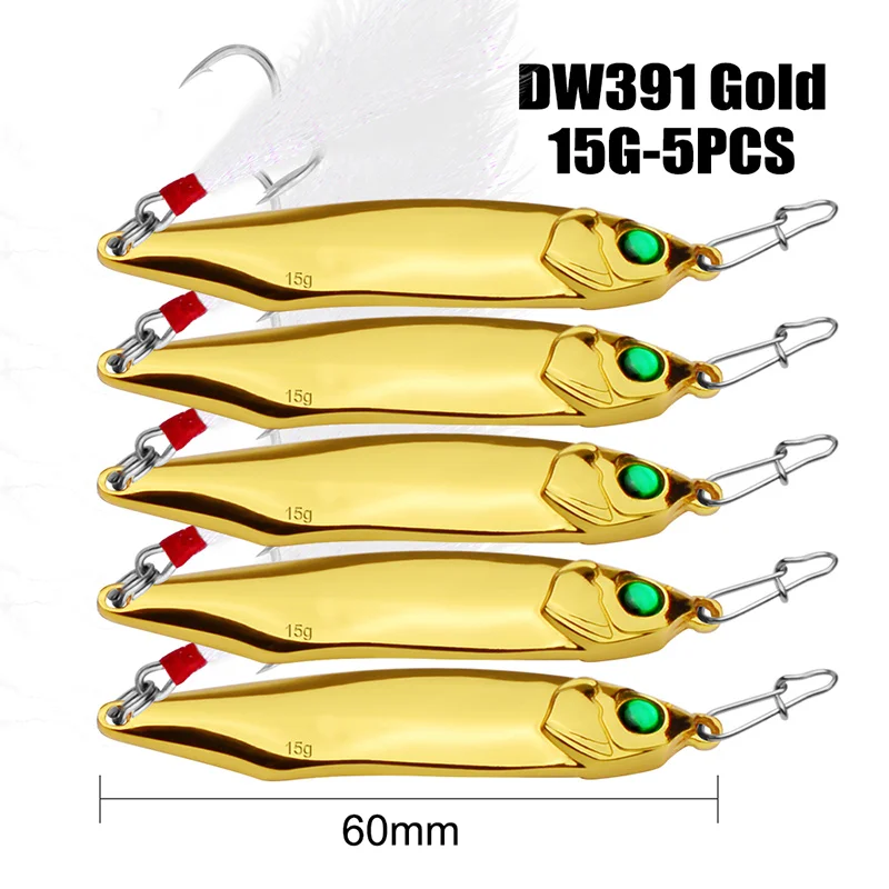 5 шт., металлическая приманка, рыболовная приманка, ложка, приманка, 15 г/20 г/28 г/35 г, рыболовная приманка, 2 цвета, 6#, крючок, тройные рыболовные снасти с коробкой - Цвет: Gold 15G
