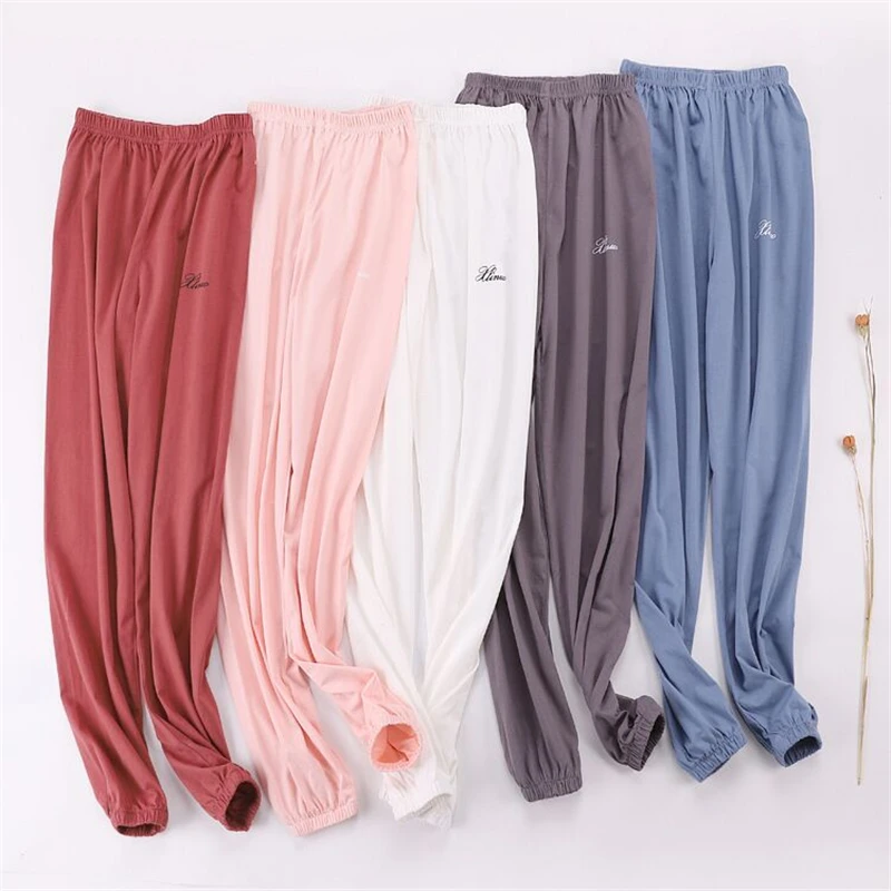Summer 100% Knitted Cotton Home Pants Women Sleep Bottoms Cute Pink Elastic Casual Pajama Pants Womens Pijama Mujer Trousers