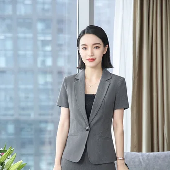 

Summer Formal Elegant Gray Blazer Women Jackets Coat Beauty Salon Tops Blazer Outwear Uniform Styles Ladies Business Clothes